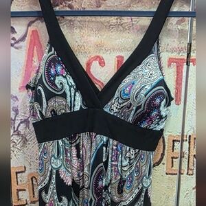 Paisley V-Neck Sleeveless Women’s Dress- Black with Blue & Pink Accents